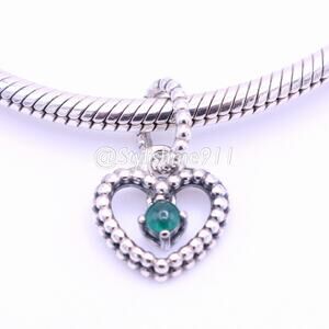 Authentic PANDORA May Rain-Forest Green Beaded Heart Dangle - 798854C05